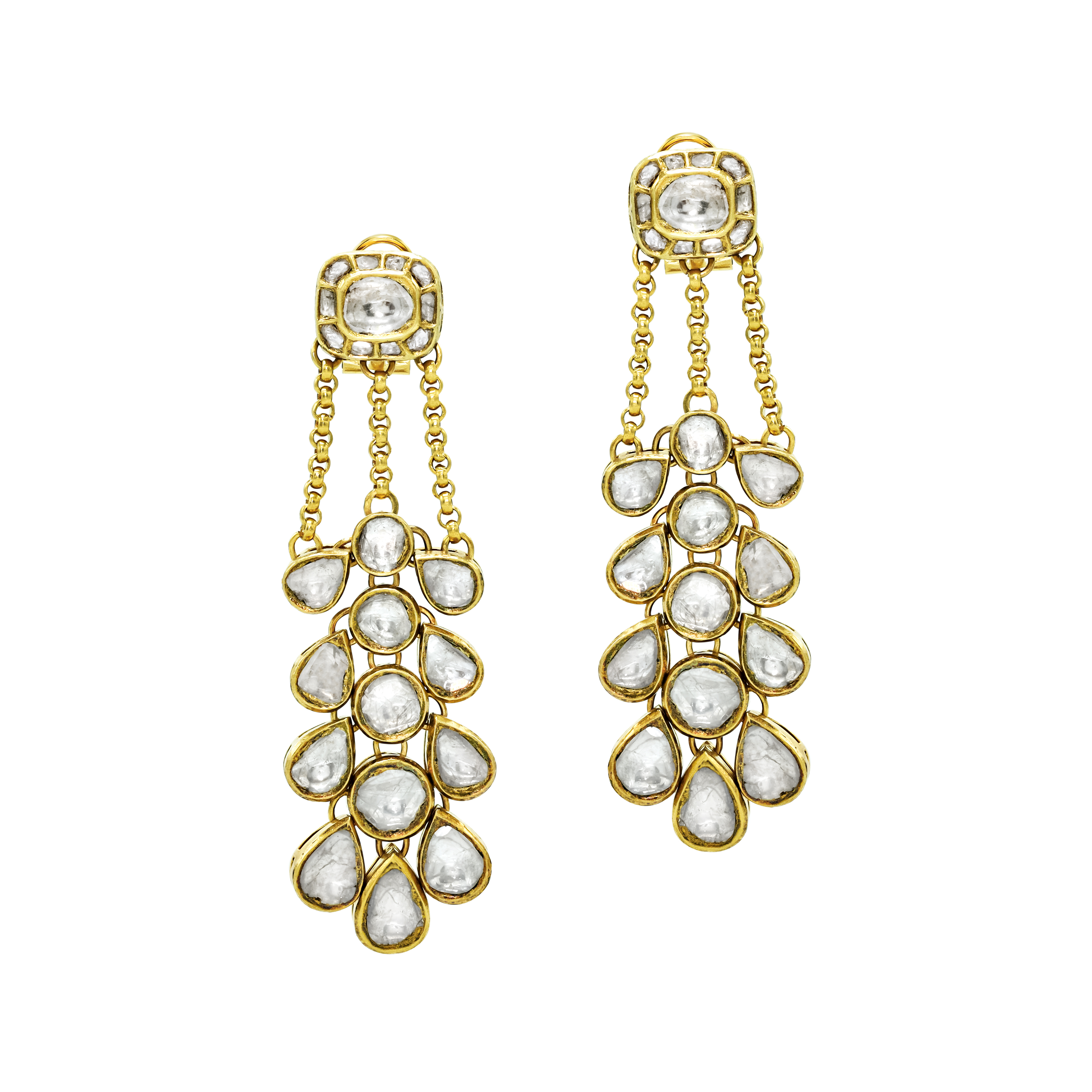 Cascading Polki Earrings with Teardrop Rows and Chain Links